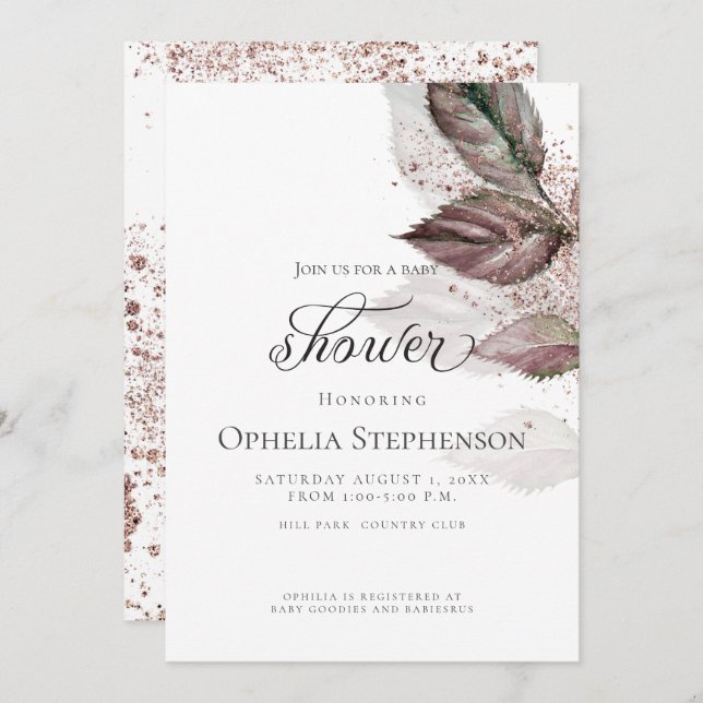 Modern Watercolor Glitter Foliage Baby Shower Invitation (Front/Back)
