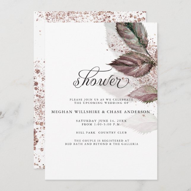 Modern Watercolor Glitter Foliage BarefootBride™ Invitation (Front/Back)