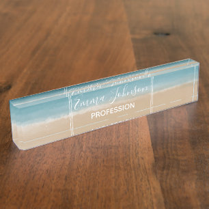 Modern Watercolor Gold Blue Beach Nameplate