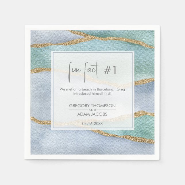Modern Watercolor Gold Dusty Blue Fun Fact Wedding Napkin (Front)