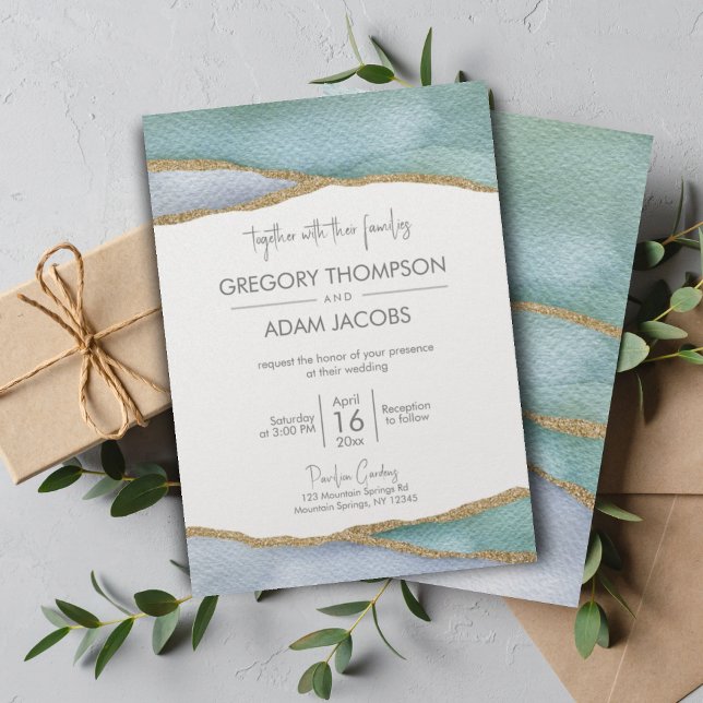 Modern Watercolor Gold Glitter Faultline Wedding Invitation (Creator Uploaded)
