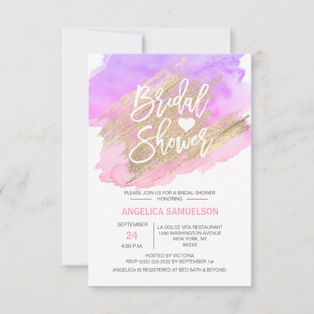 Modern Watercolor Gold Pink Purple Bridal Shower Invitation (Front)