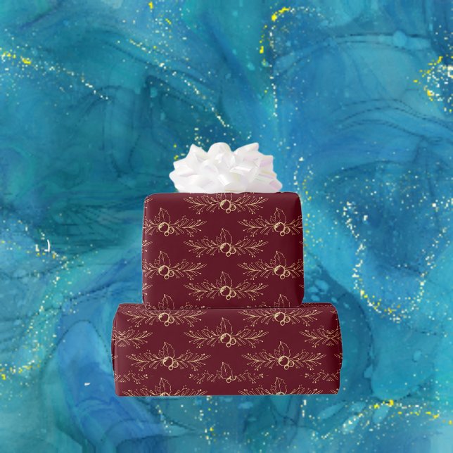 Modern Watercolor Golden Christmas Holly Red Wrapping Paper (Creator Uploaded)