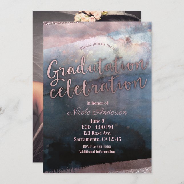 Modern Watercolor Graduation Party Photo 2018 Invitation (Front/Back)