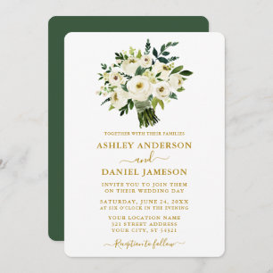 Modern Watercolor Green Floral Wedding Gold Invitation