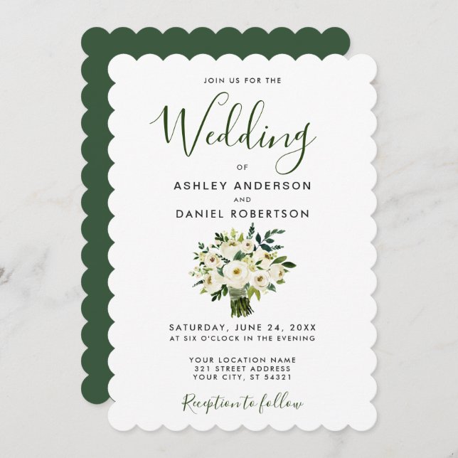 Modern Watercolor Green Floral Wedding Invite (Front/Back)