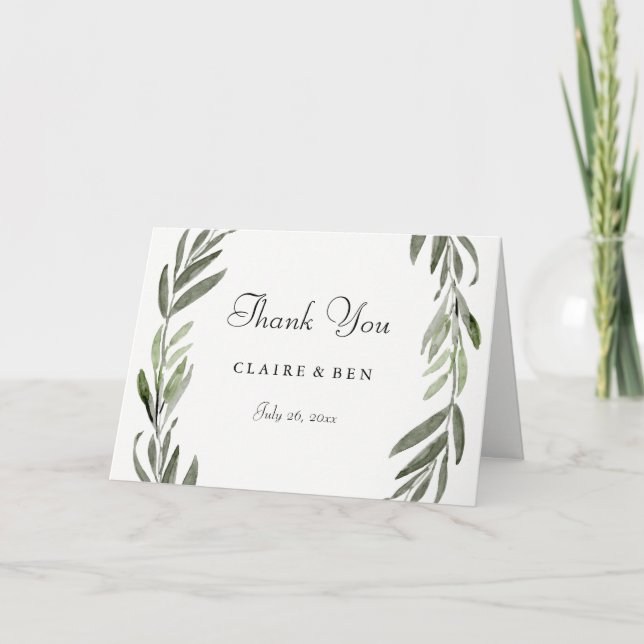 Modern Watercolor Green Leaf Wedding Thank You (Front)