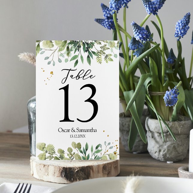 Modern Watercolor Green Leaves Branch Table Number (Creator Uploaded)