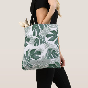 Modern Watercolor Green Tropical Leaf Name Tote Bag