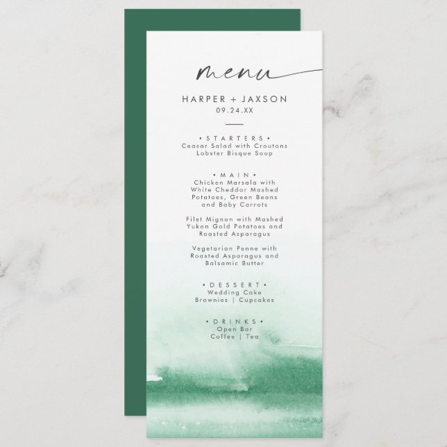 Modern Watercolor | Green Wedding Dinner Menu (Front/Back)