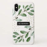 Modern Watercolor Greenery and Gold iPhone X Case<br><div class="desc">This trendy and stylish case features botanical watercolor green leaves,  with faux gold accents. There is a modern black frame in the centre,  with your name or monogram in white. A fashionable and elegant design.</div>