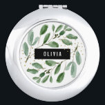 Modern Watercolor Greenery and Gold Compact Mirror<br><div class="desc">This trendy and stylish mirror features botanical watercolor green leaves,  with faux gold accents. There is a modern black frame in the centre of the design,  with your name or monogram in white. A fashionable and elegant gift.</div>