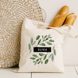 Modern Watercolor Greenery and Gold   Personalised Tote Bag