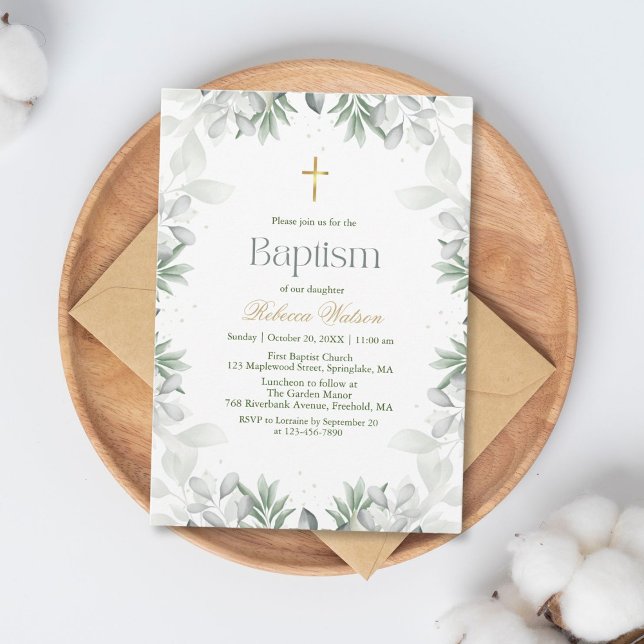 Modern Watercolor Greenery Baby Girl Baptism Invitation (Creator Uploaded)