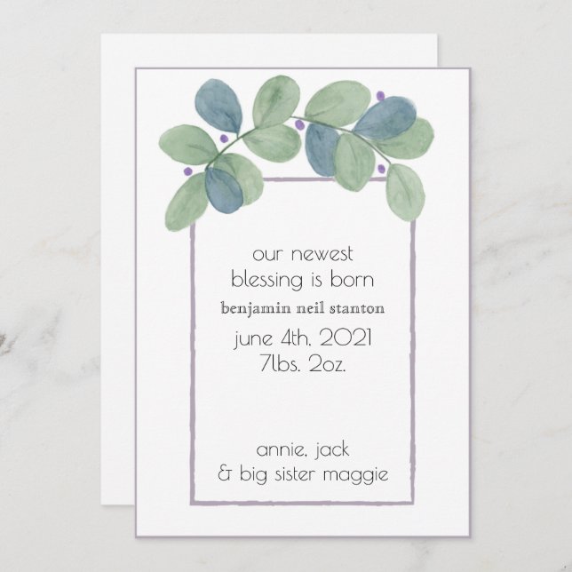 Modern Watercolor Greenery Birth Announcement (Front/Back)