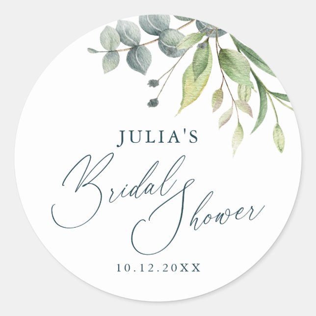 Modern Watercolor Greenery Bridal Shower Classic Round Sticker (Front)