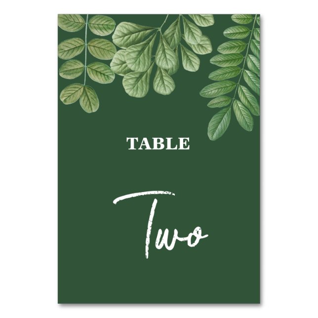 Modern Watercolor Greenery Emerald Green Wedding  Table Number (Front)