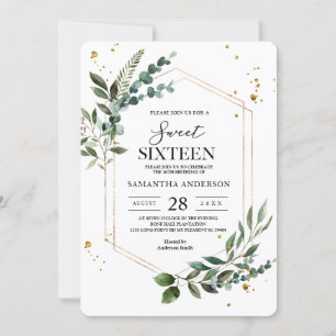Modern Watercolor Greenery Eucalyptus Gold Frame  Invitation