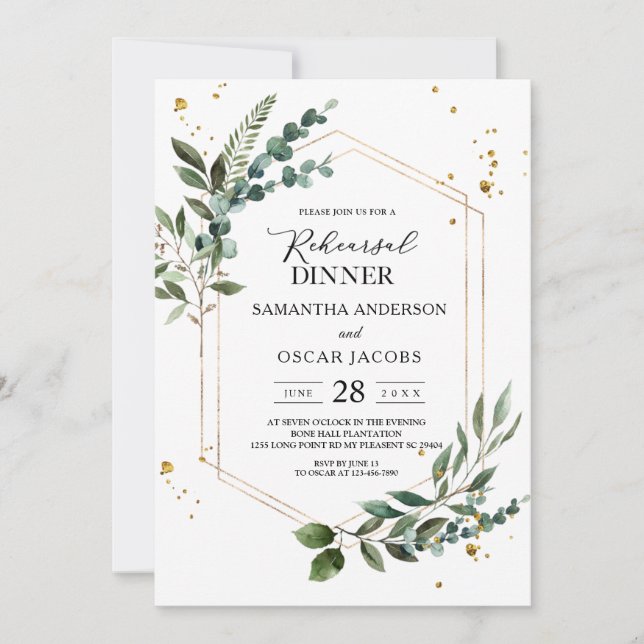 Modern Watercolor Greenery Eucalyptus Gold Frame  Invitation (Front)