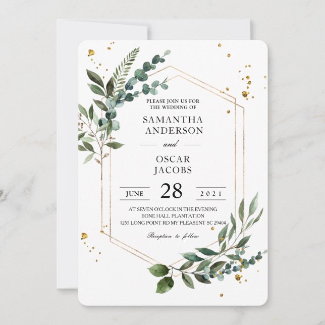 Modern Watercolor Greenery Eucalyptus Gold Frame  Invitation (Front)