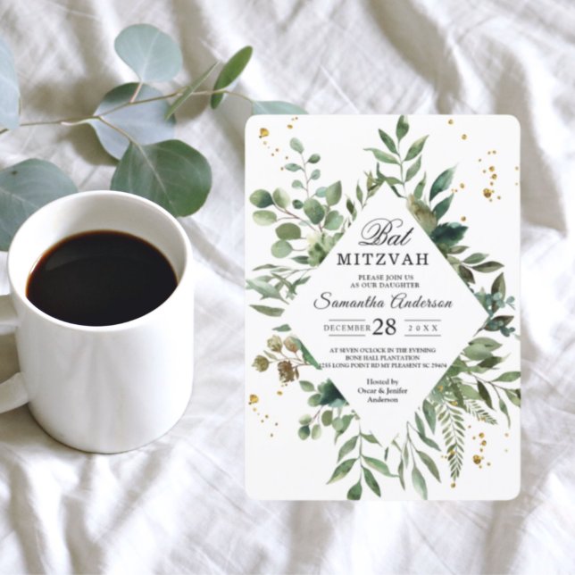 Modern Watercolor Greenery Frame & Gold Dots Invitation (Creator Uploaded)