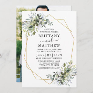 Modern Watercolor Greenery Geo Frame Photo Wedding Invitation