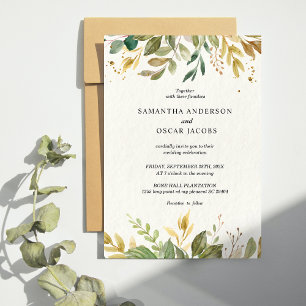 Modern Watercolor Greenery Leaf & Gold Drops Invitation