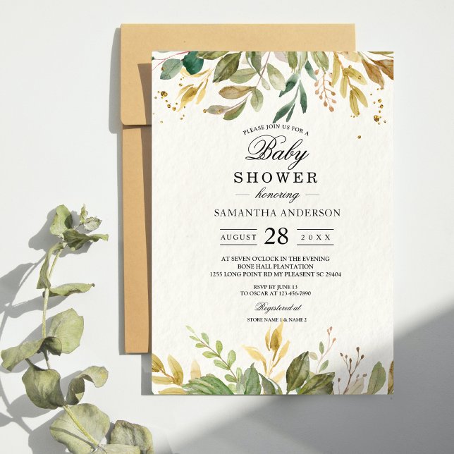 Modern Watercolor Greenery Leaf & Gold Drops Invitation (Creator Uploaded)