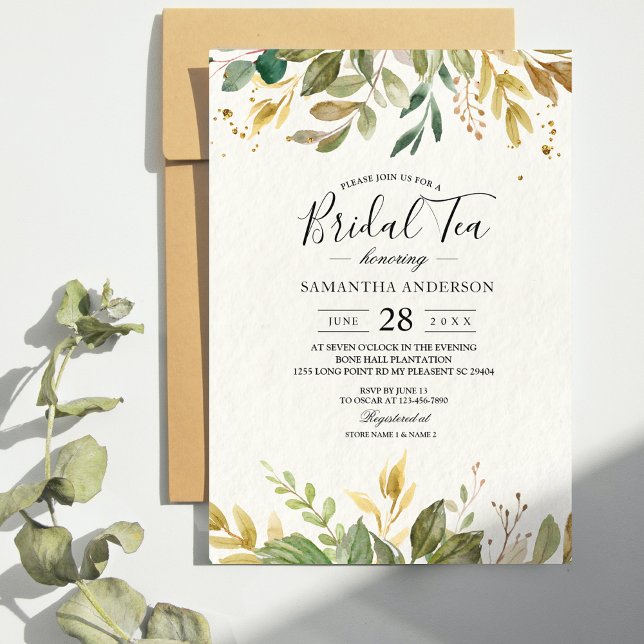 Modern Watercolor Greenery Leaf & Gold Drops Invitation (Creator Uploaded)