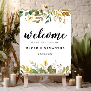 Modern Watercolor Greenery Leaf & Gold Drops Poster