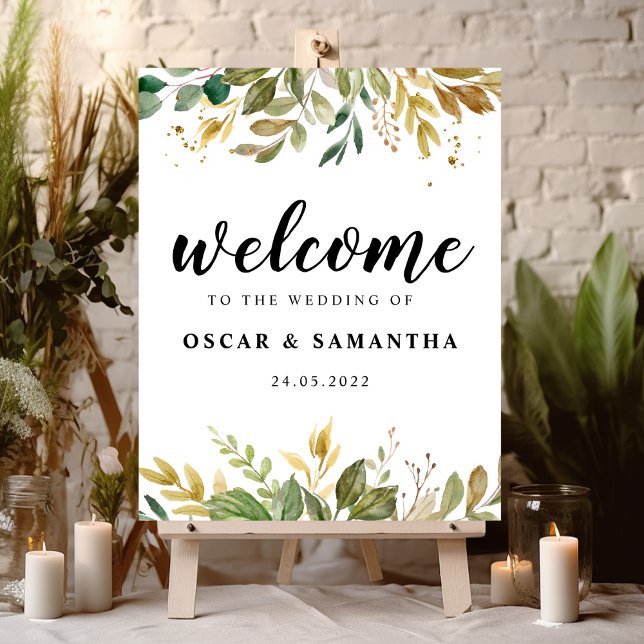 Modern Watercolor Greenery Leaf & Gold Drops Poster (Creator Uploaded)