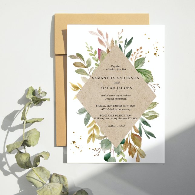 Modern Watercolor Greenery Leaf Kraft Frame & Gold Invitation (Creator Uploaded)
