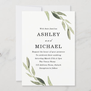 Modern Watercolor Greenery Leaf Wedding Invite