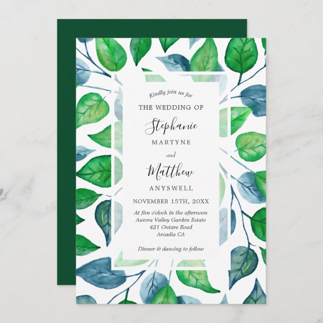 Modern Watercolor Greenery Leaves Foliage Wedding Invitation (Front/Back)