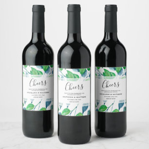 Modern Watercolor Greenery Leaves Wedding Wine Label