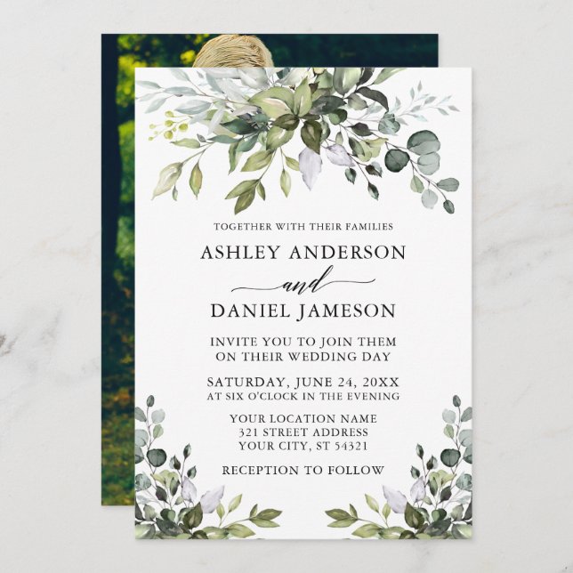 Modern Watercolor Greenery Photo Back Wedding  Invitation (Front/Back)