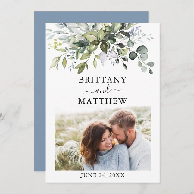 Modern Watercolor Greenery Photo Dusty Blue Save The Date (Front/Back)