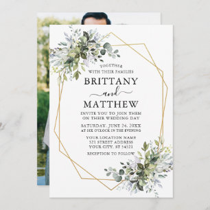 Modern Watercolor Greenery Photo Geo Frame Wedding Invitation