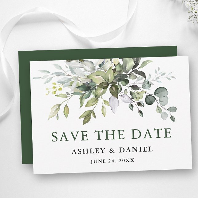 Modern Watercolor Greenery Save The Date (Customize to change text color, style, add text & photos to back or change color of back of card.)