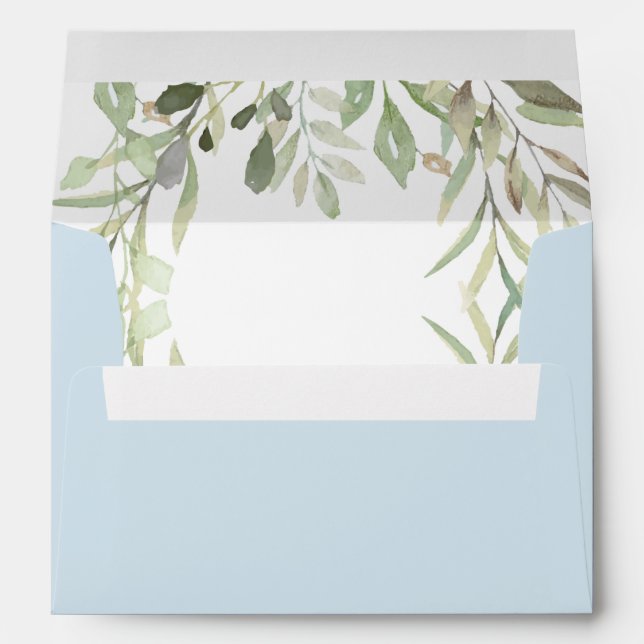 Modern Watercolor Greenery Soft Blue Envelope (Back (Bottom))