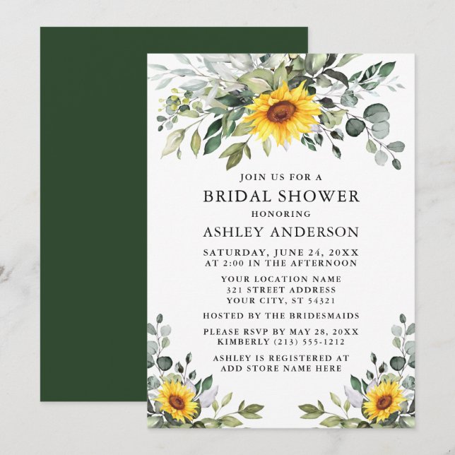Modern Watercolor Greenery Sunflower Bridal Shower Invitation (Front/Back)