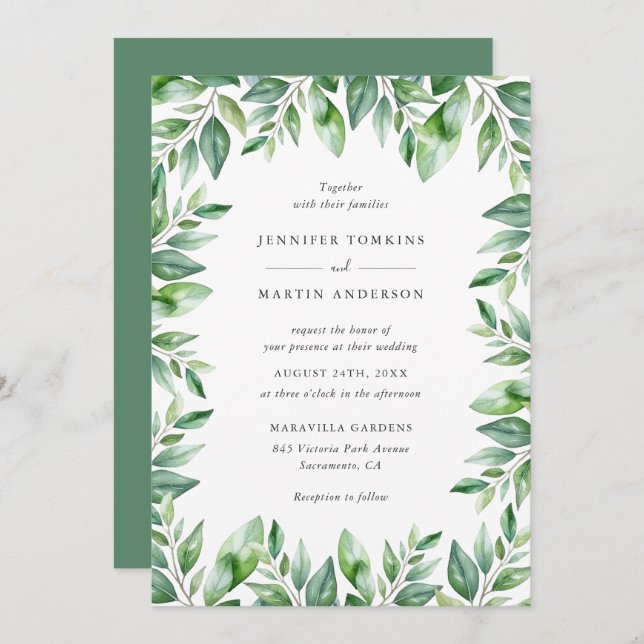Modern Watercolor Greenery Wedding Invitation (Front/Back)