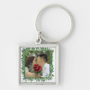 Modern Watercolor Greenery Wedding Key Ring