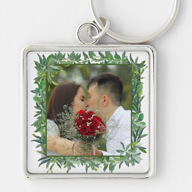 Modern Watercolor Greenery Wedding Key Ring (Front)