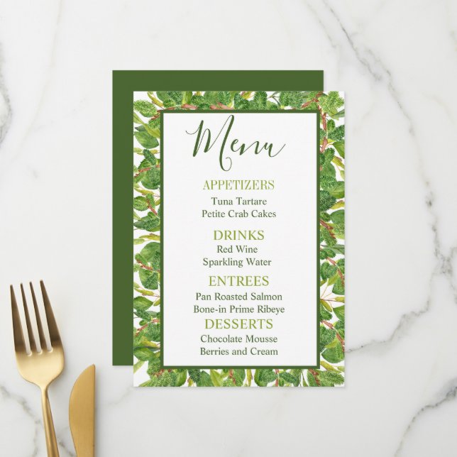 Modern Watercolor Greenery Wedding Menu (Front/Back In Situ)