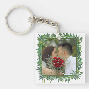 Modern Watercolor Greenery Wedding Photo Key Ring