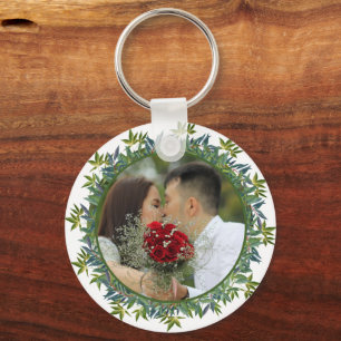 Modern Watercolor Greenery Wedding photo Key Ring
