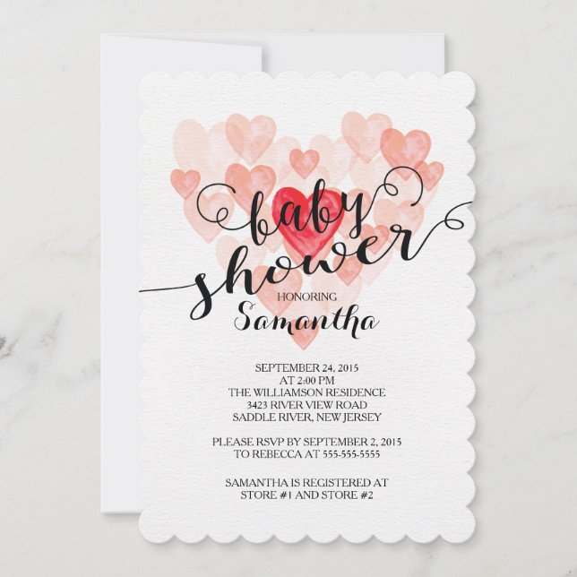 Modern Watercolor Hearts Baby Shower Invitation (Front)