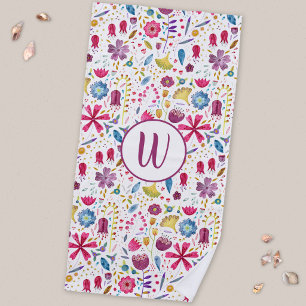 Modern Watercolor Hedgerow Flower Monogram Beach Towel