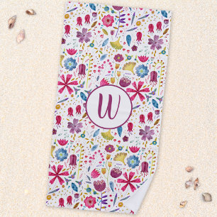 Modern Watercolor Hedgerow Flower Monogram Beach Towel